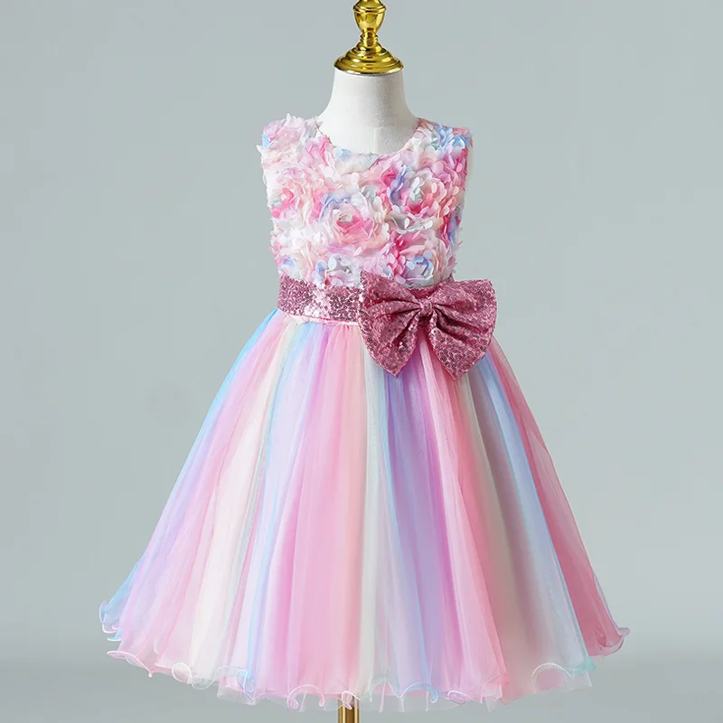 Luxus Mädchen Regenbogen Farbe Prinzessin Kleid Blumen mädchen Hochzeits kleid High-End Französisch Kinder Puffy Kleid elegantes Party kleid