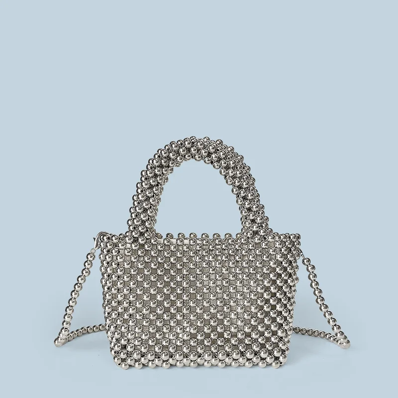 

24 autumn new pearl bag silver heavy metal texture women's bag bead bag handmade bag handbag crossbody bag