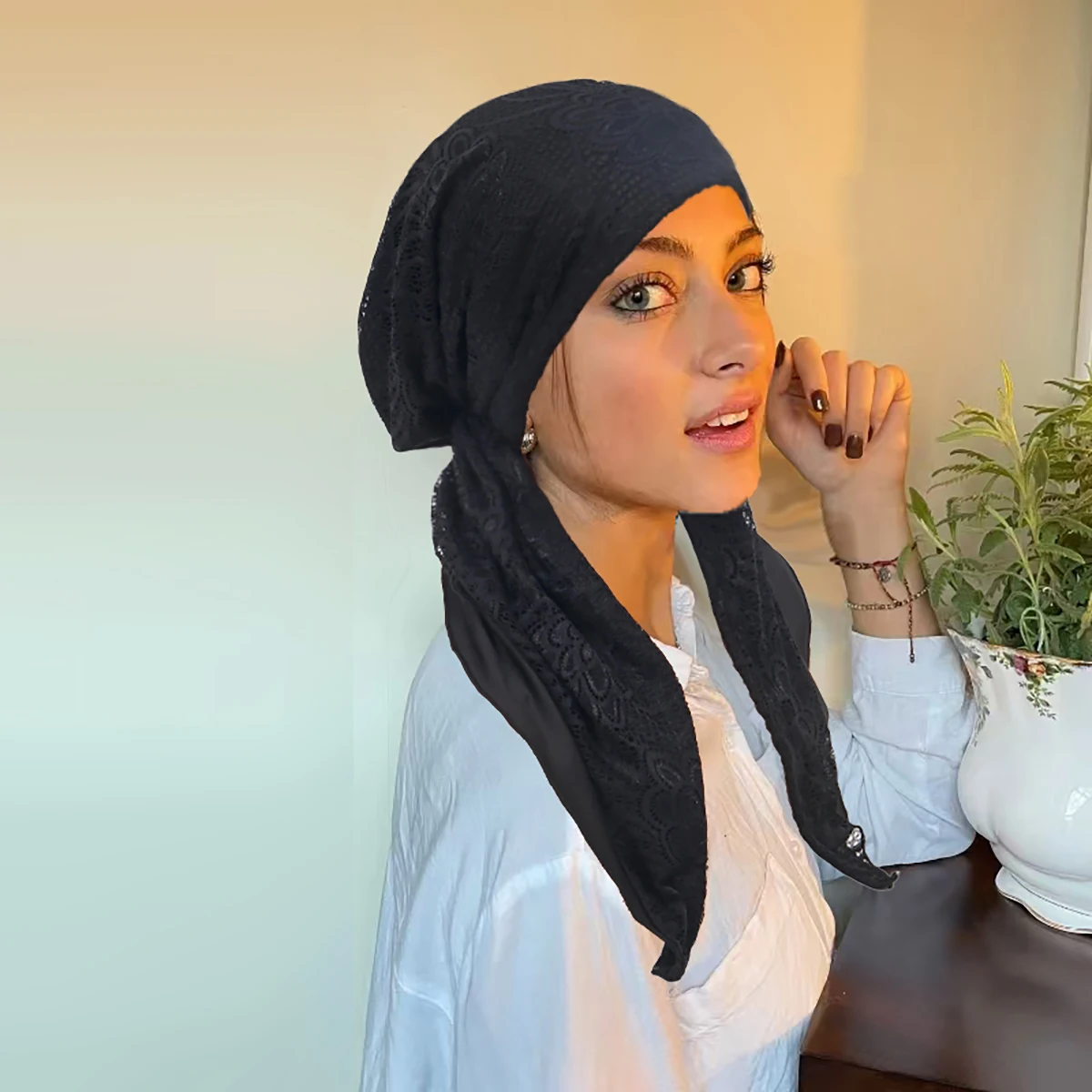ใหม่ Double-Layer Lace ผู้หญิง Hijab นุ่มยืดจีบผ้าพันคอหมวกผมหมวกแฟชั่น Turban Bonnet