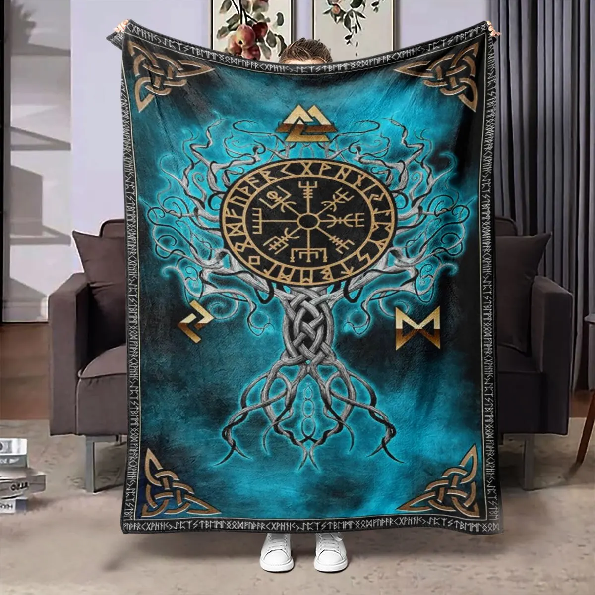 Viking Yggdrasil Rune Flannel Blanket, Teal Black Norse Tree Celtic Knot Print Soft Throw Bedroom Sofa Retro Ethnic Home Decor