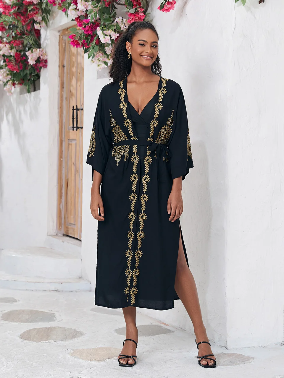 Black Embroidery Beach Long Kimono for Women Swimsuit Cover-Up Tunic Belt Pareos Robe De Plage Bikinis Cover Up Female Beachwear