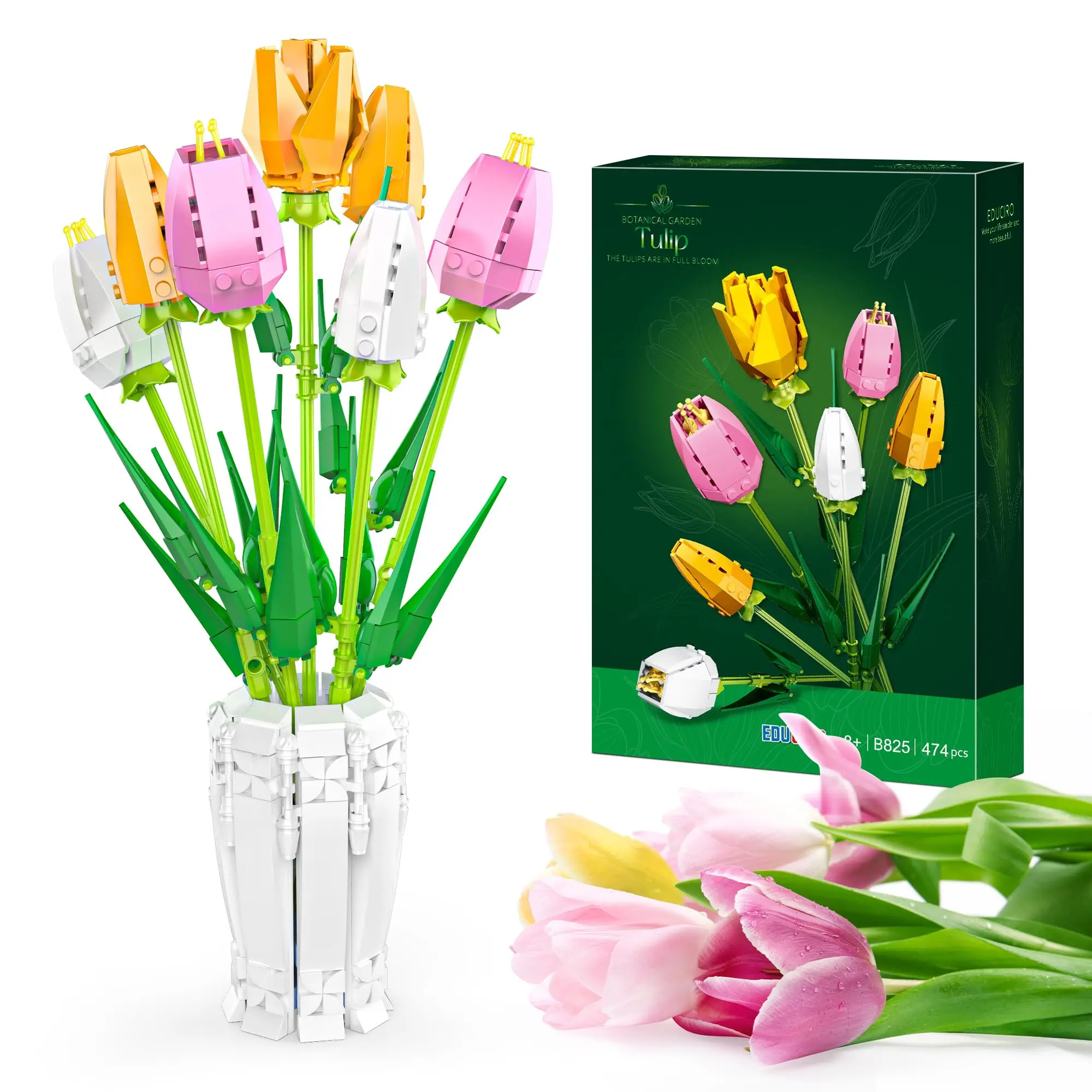 Tulip Flowers Bouquet Building Set, Artificial Flowers Bonsai for Adults With Vase, Gifts for Birthday, Anniversary