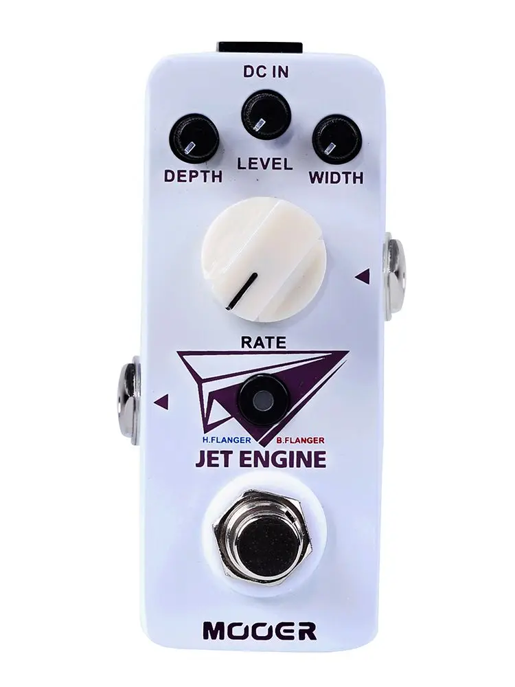 MOOER Jet Engine: digitale multi-frequentie flanger-effectpedaal voor elektrische gitaar, met twee verschillende flangermodi en een true bypass-ontwerp.