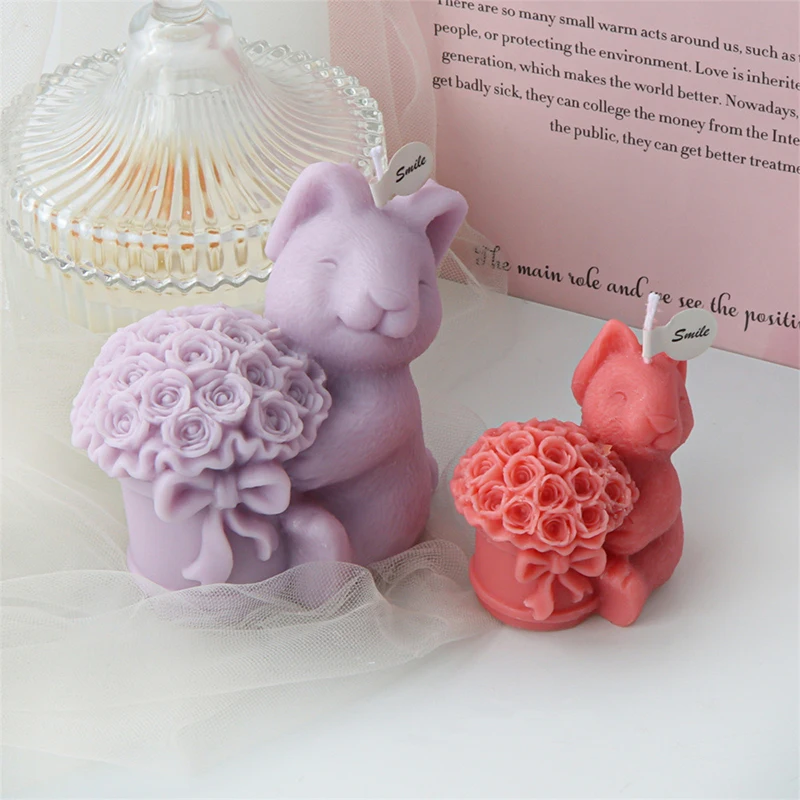 3D Bear Candle Silicone Mold, DIY Animal Rose Bouquet, Flor De Coelho, Aroma De Gesso, Fazendo Suprimentos, Dia Dos Namorados, Presentes Artesanais