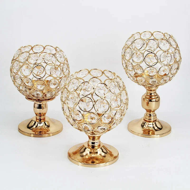 

z High Quality European Wrought Iron Electroplated Metal Crystal Gold Candlestick Holder