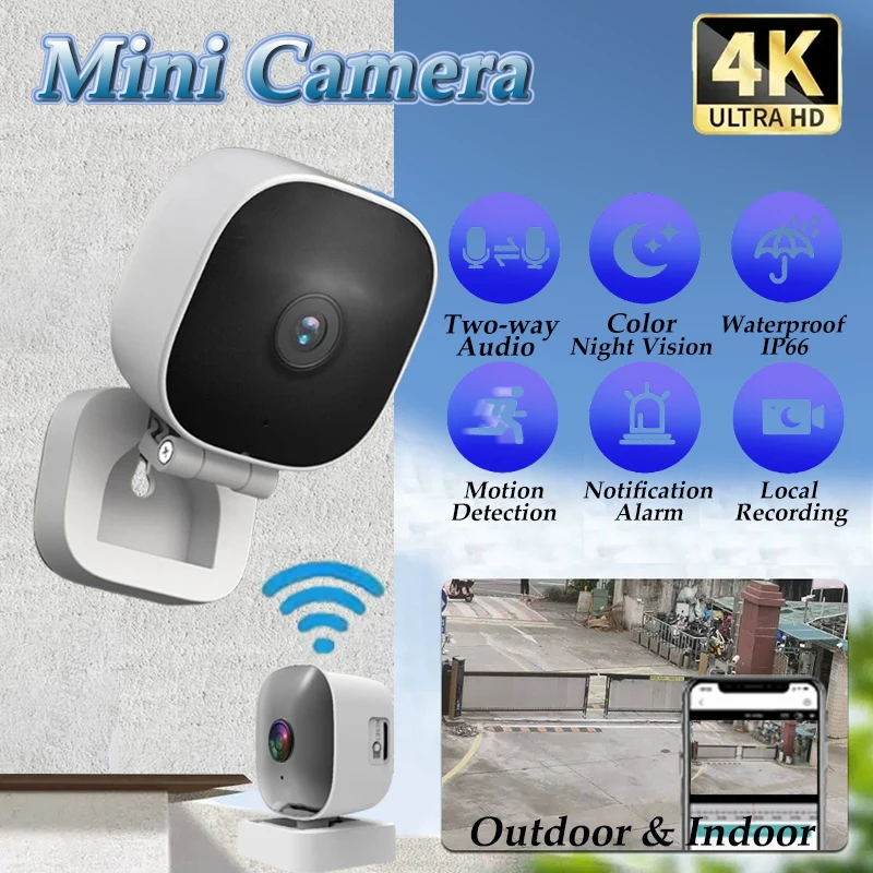 4K Mini Security Camera Full Color Night Vision WiFi Monitor IP65 Waterproof Motion Detect Surveillance With 2- Way Audio