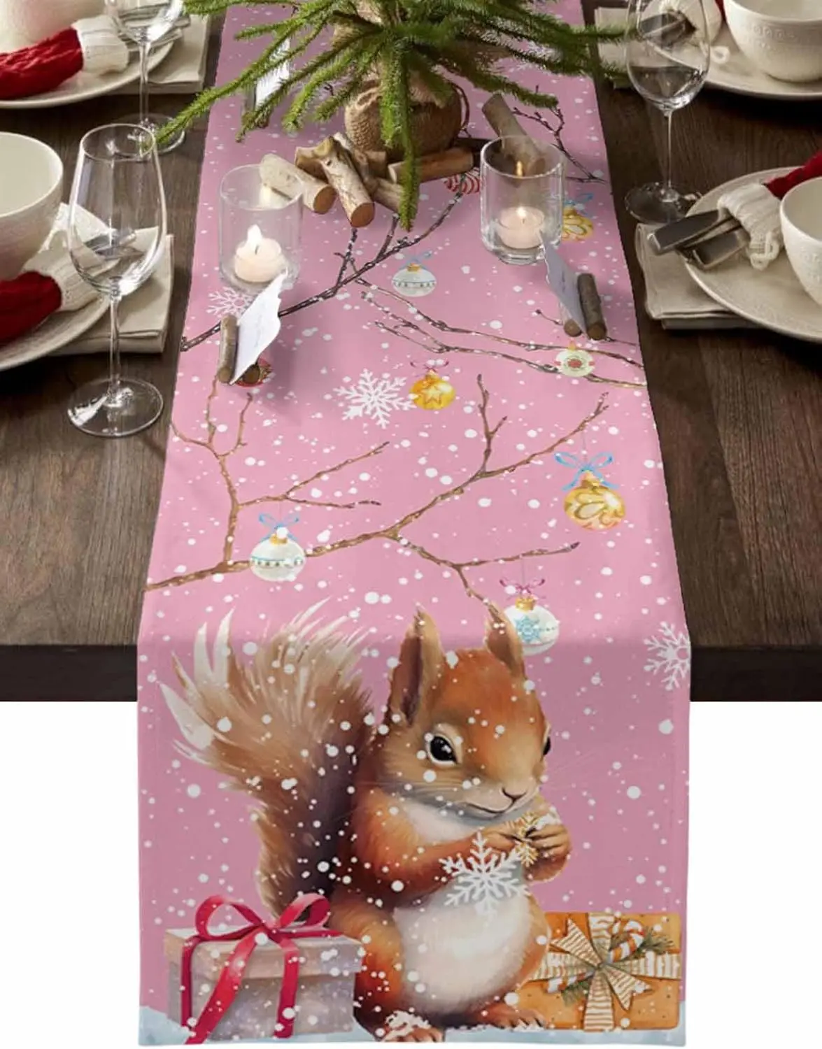 Christmas Squirrel Snowflake Linen Table Runner Party Decor Reusable Winter Kitchen Dining Table Runner Christmas Decorations