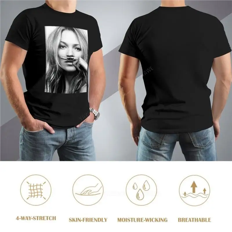 Kate Moss, bigote, blanco y negro, camiseta de fotografía, tops de talla grande, camisetas gráficas, camisetas lisas para hombre