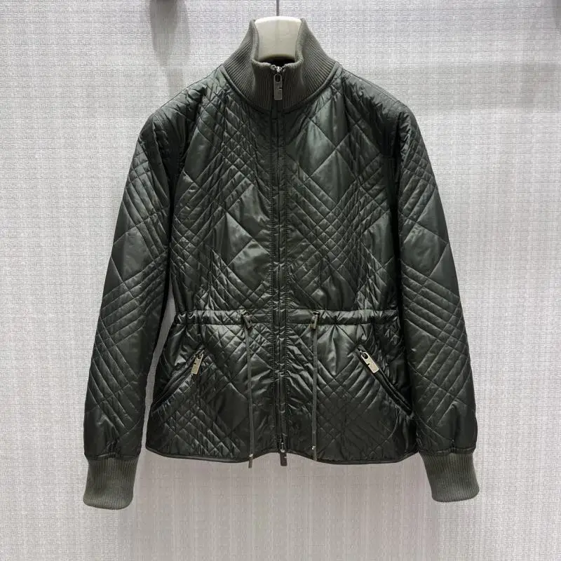 New Fashion All-match Slim-fit Rhombic Plaid Cotton-padded Jacket With Vertical Collar For Women Simple Casual Retro Cotton-padd