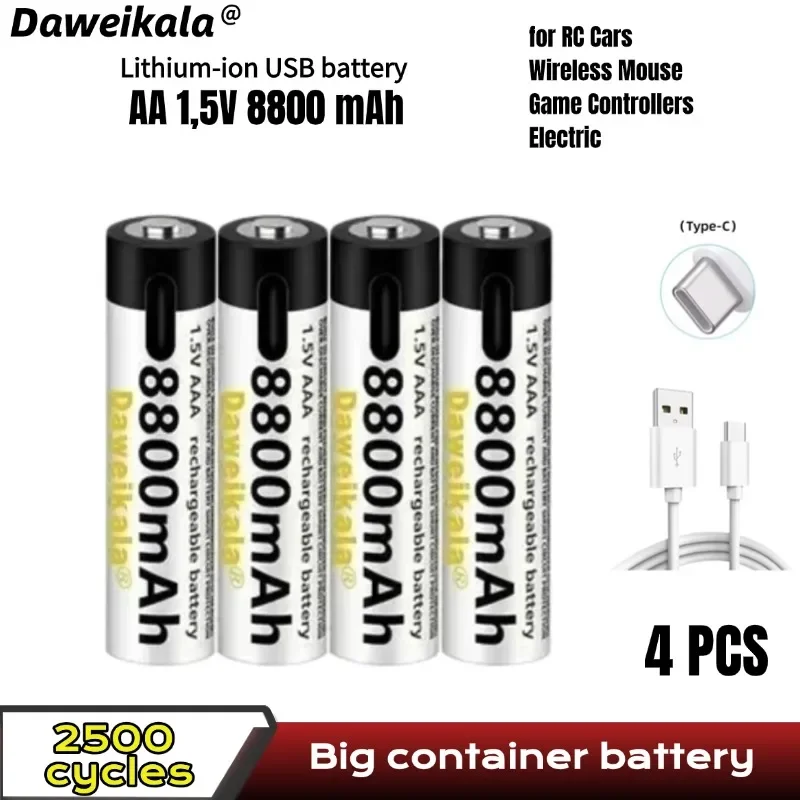 2025 New USB-C 1.5V AAA Battery Fast charging Li-ion Battery 8800mAh for Remote Control Mouse Electric Toy Battery +Type-C Cable