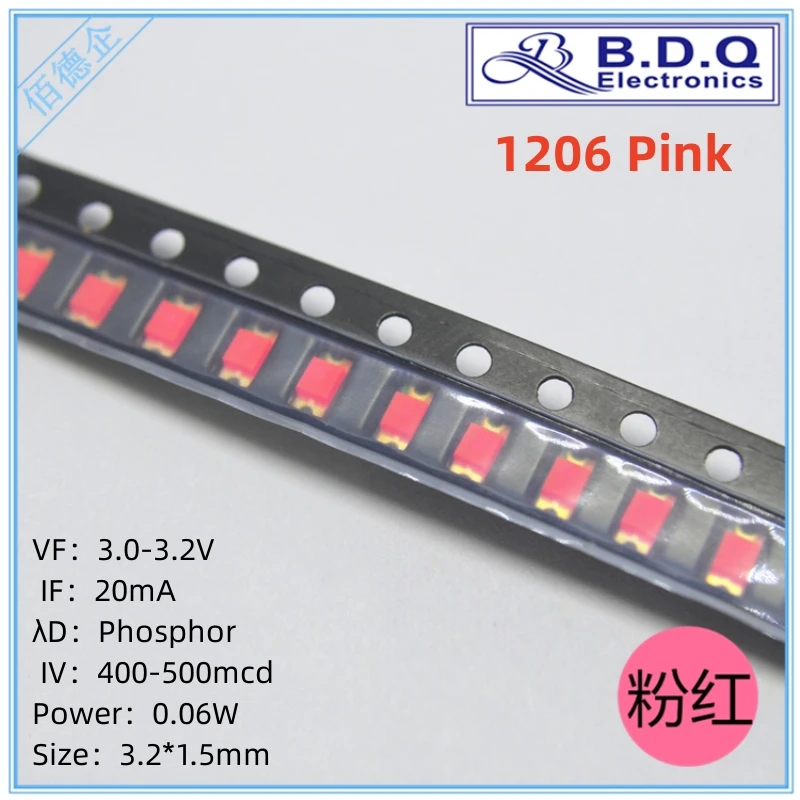 

1206 Pink LED Lamp Beads SMD LED Light Size 3215 Light-emitting Diode High Bright Quality 100pcs