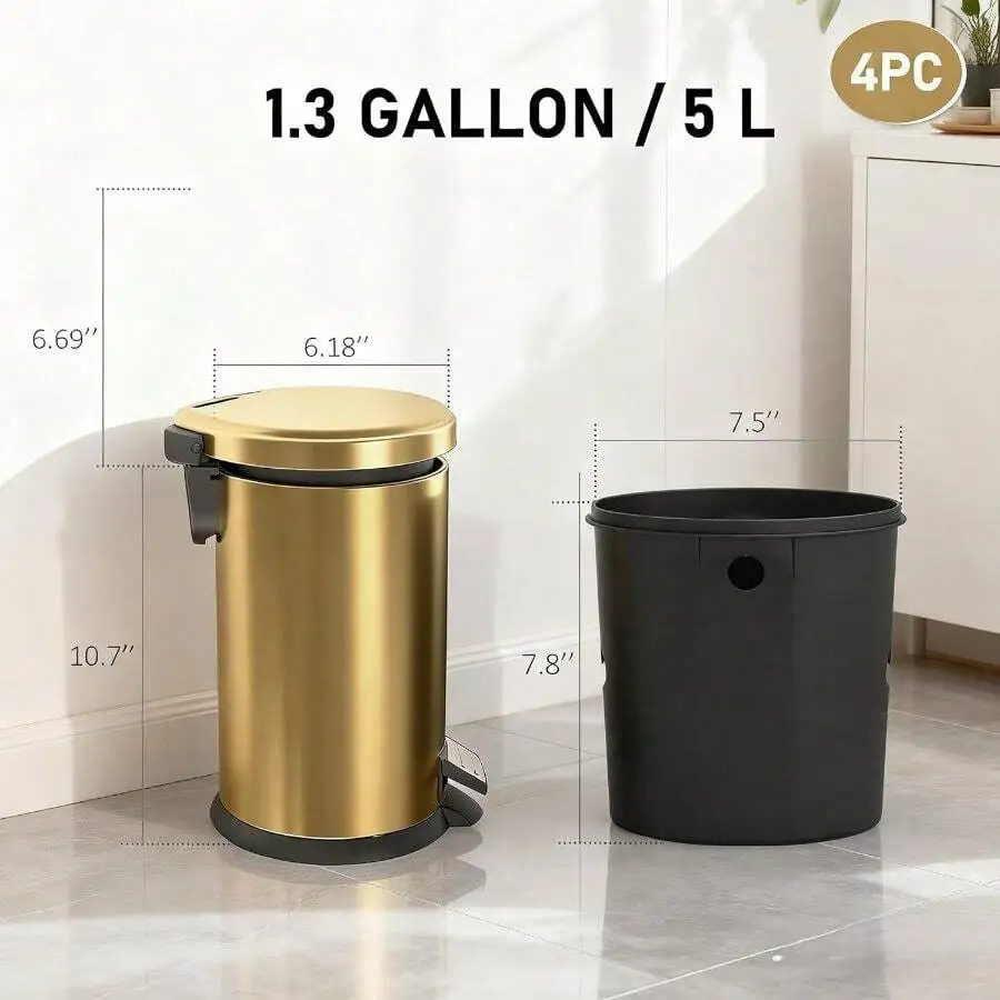 

4PC 5L Small Trash Can With Foot Pedal And Soft Close Lid For Bathroom Kitchen Office