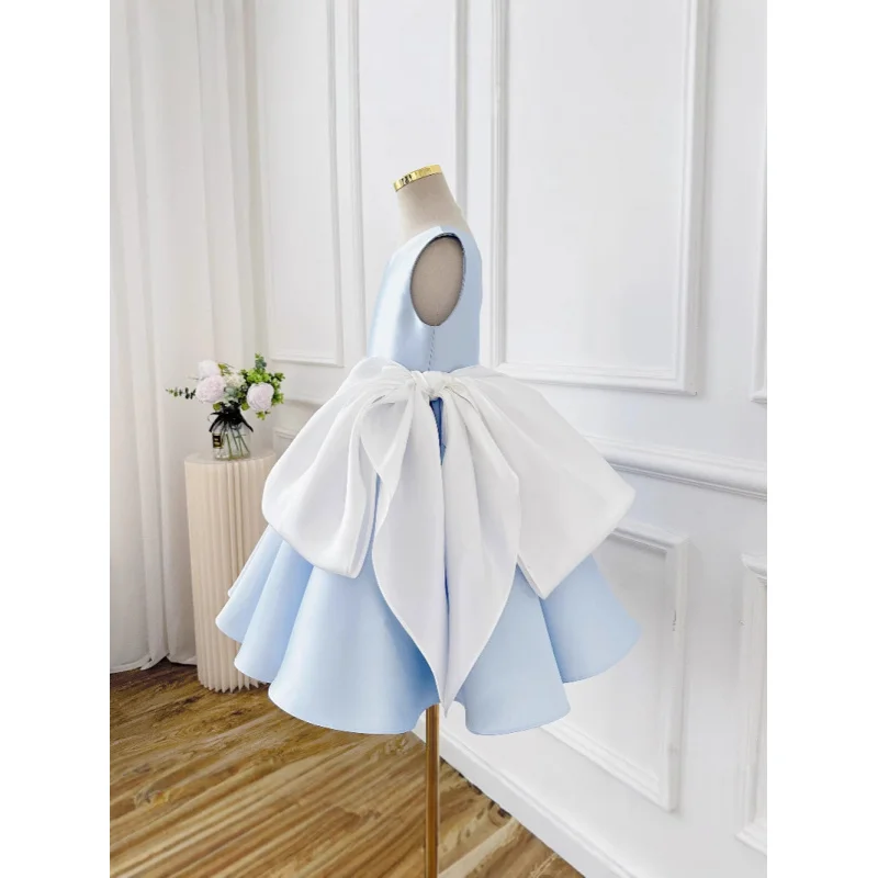 Girls' Piano Competition Dress Sky Blue Puffy Skirt White Big Bow Performance Dress Luxurious Princess Dress Over Knee