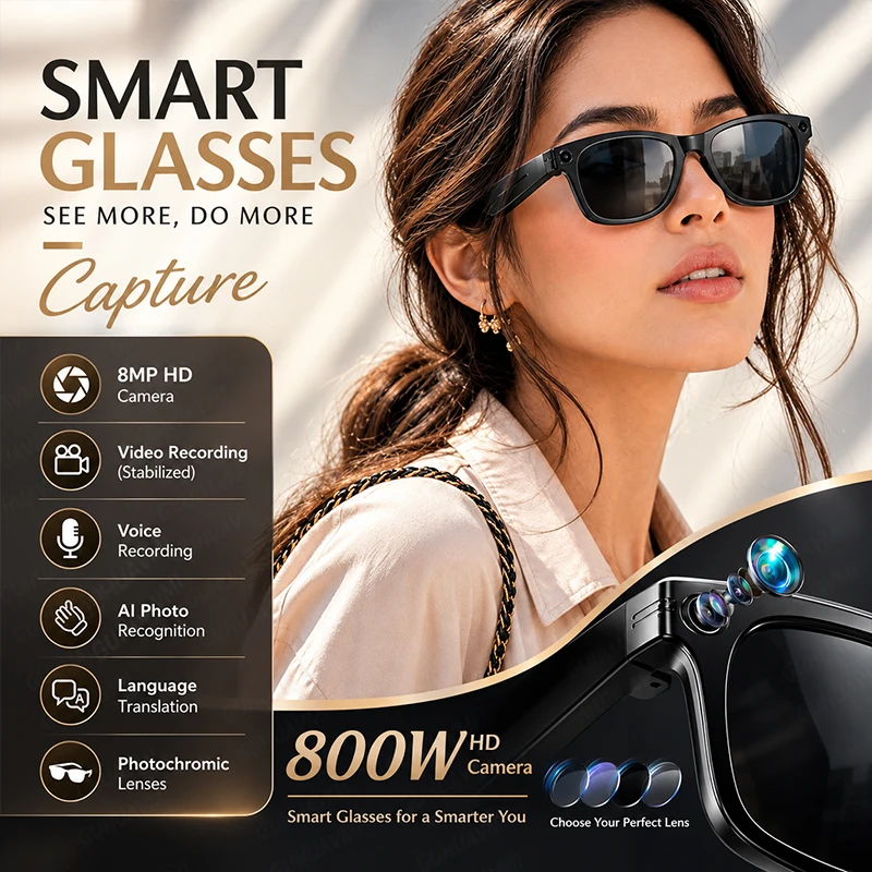 2026 NEW 800W HD Camera AI Smart Glasses WomenTaking Photos & Videos Language Translation Bluetooth Call Tourism Smart Glasses