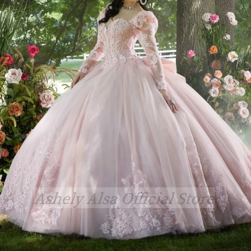 AA166 Customized Pink Quinceanera Dress Long Sleeves Applique Lace Sweet 16 14 Birthday Party Dress Prom Gown robes de soiree 15