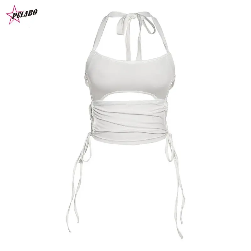 PULABO y2k Y2K Sexy Backless Summer Crop Top Women Hollow Out White Sleeveless Bandage Halter Tank Tops Streetwear Cami 90s