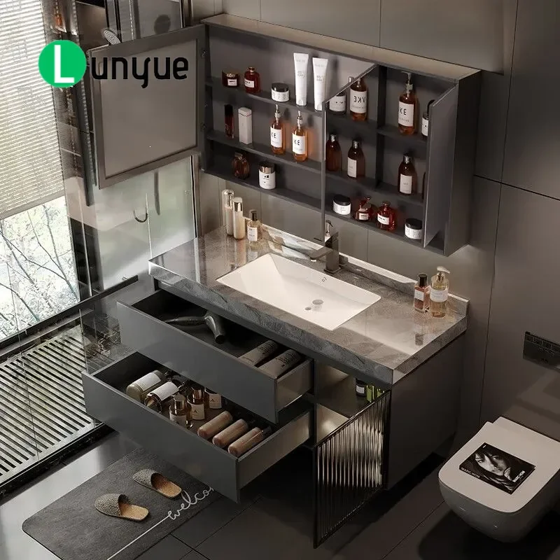 Rock Slab Integrated Basin Bathroom Mirror Cabinet Set Wall Mounted Washbasin Toilet Combo Modern Vanity Unit for Home Hotel