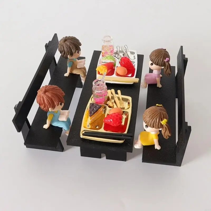 Realistic Miniature Plastic Dining Table Black Benches For Dolls 1:12