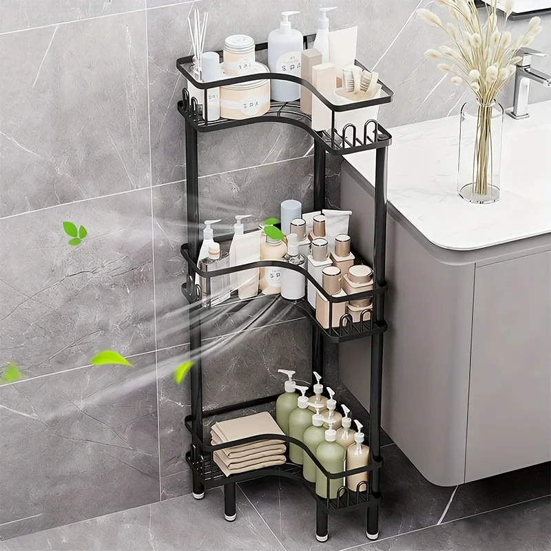 Heavy-Duty No-Assembly Corner Triangular Carbon Steel Storage Rack Bathroom Toiletries Organizer Multi-Tier Floor-Standing Shelf