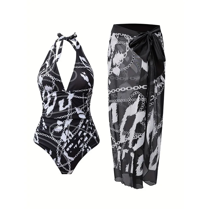

2025 New Printed - Swimsuit Two- Set European and American Sexy Tight-Fitting Gathered Backless High-End One-Piece