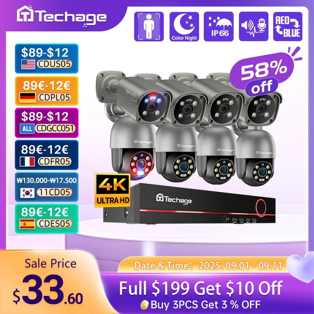 

Techage 8CH 8MP 5MP Security Camera System Night Vision Human Detection POE PTZ Camera Outdoor Security Surveillance P2P System