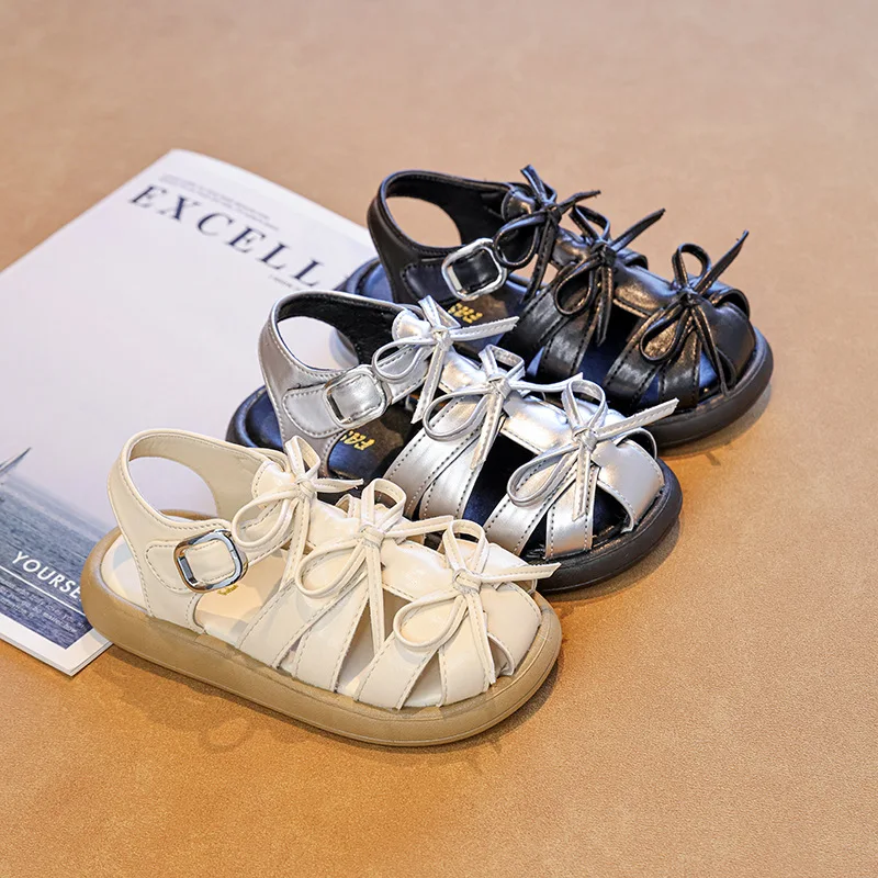 

Girls Summer School Sandals New Princess Bowknot Elegant Children Causal Beach Shoes Hollow-out Closed Toe Kids Platform Sandals