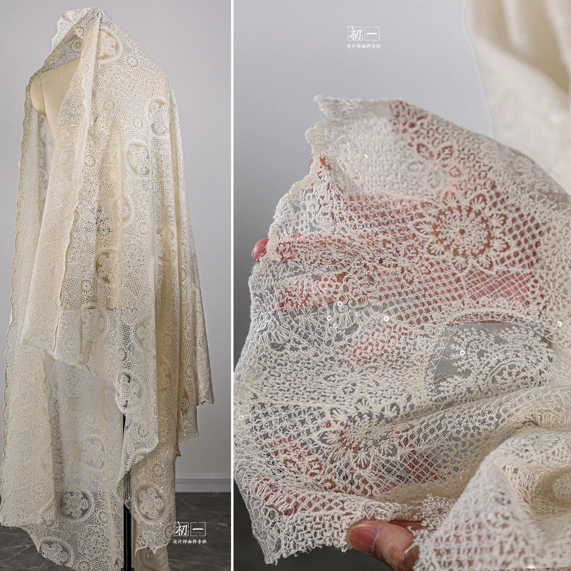 French Sequins round Floral Embroidery Lace Yarn Fabric Artistic Dress DIY Dress Clothing Design Fabric