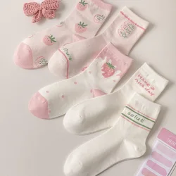 Spring Summer Women Socks Female Pink Middle Tube Short Crew Socks Kawai Strawberry Milk Student Cute Strawberry Print Girl Gift