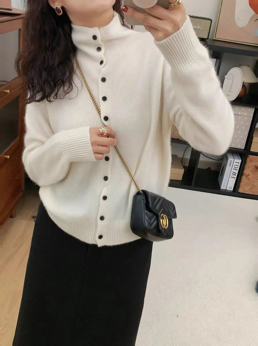 

Women Pure Wool Mock-neck Cardigan Autumn Winter Single Breasted Knitting Sweater Long Sleeve 100% Merino Wool Knitwear Tops