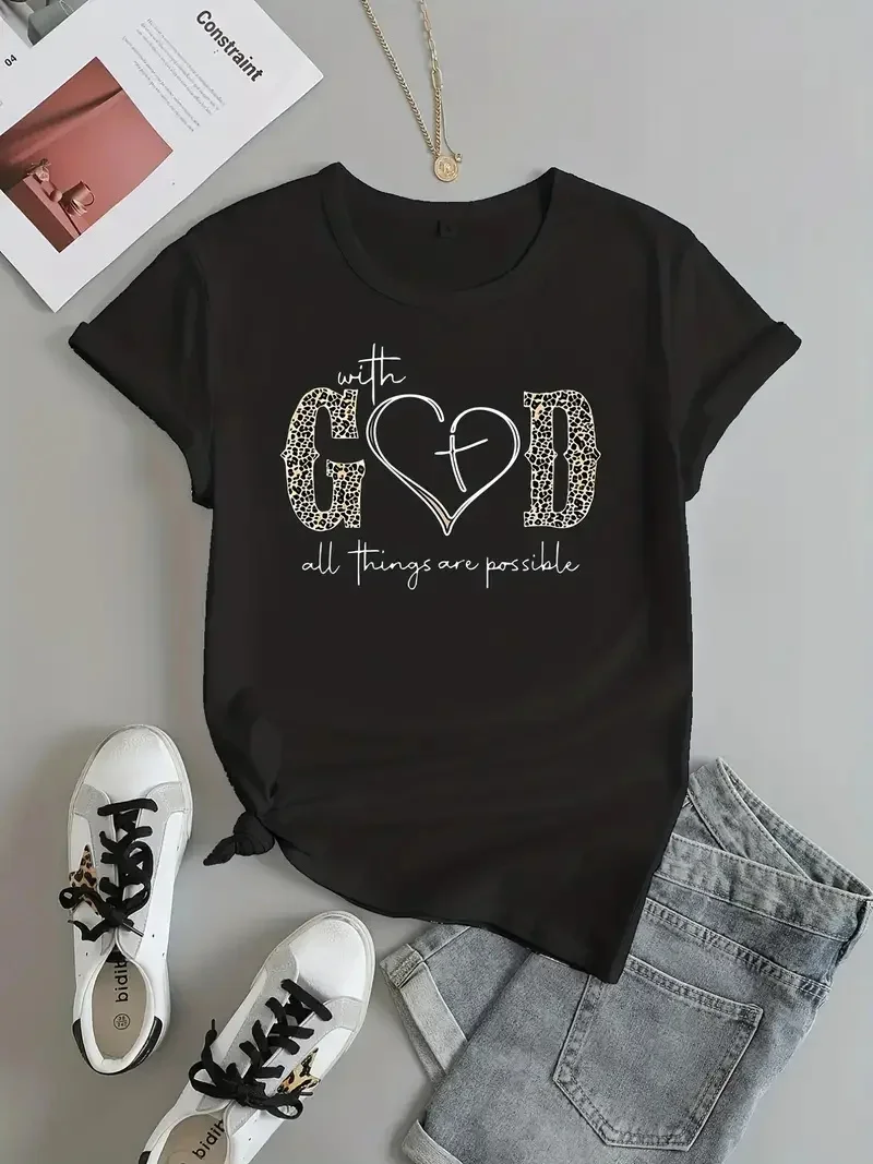 With God Print T-Shirt, Summer Short Sleeve Crew Neck Casual Top, Women's Clothing