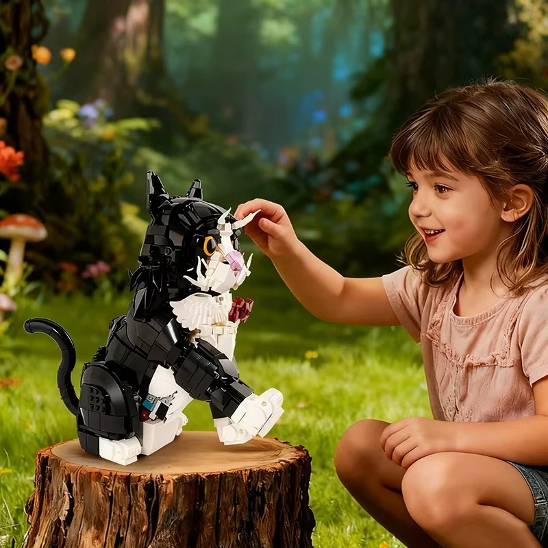 Kit de bloques de construcción de gato esmoquin de girasol MOC, 1434 Uds., flor blanca y negra, gato, modelo Animal, juegos de ladrillos, juguetes DIY para niños, regalos