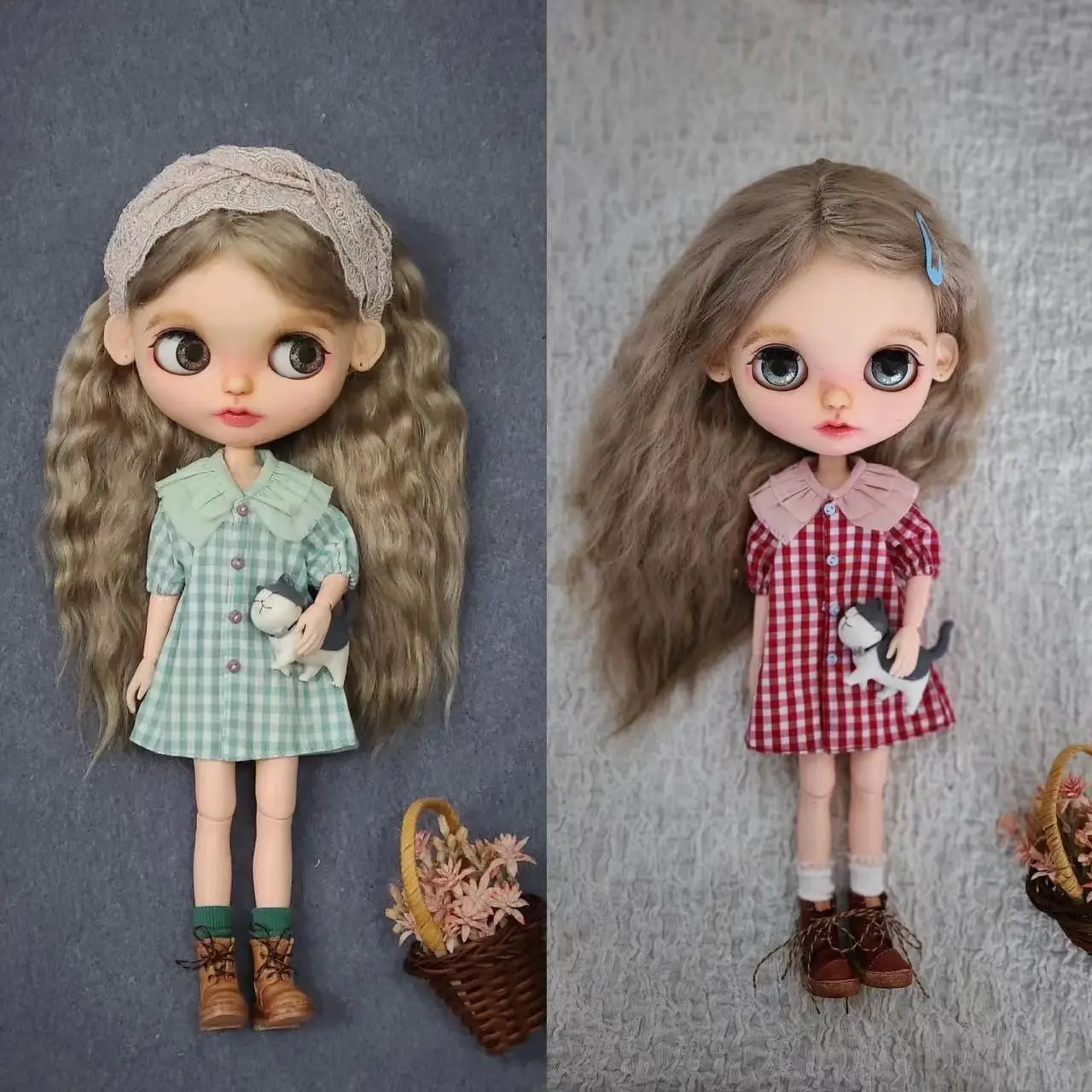 Dula Doll Clothes Dress Blue red checkered skirt Blythe Qbaby ob24 ob22 Azone Licca ICY JerryB 1/6 Bjd Doll