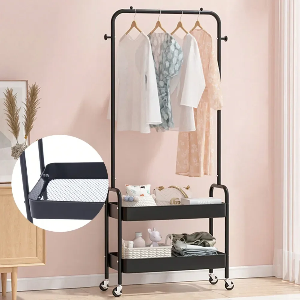 

Rack With 2 Tier Metal Baskets, Movable Open Clothing Rack, 2In 1 Garment Rack, Rolling Storage Cart Clothes Organizer, Coat Ra