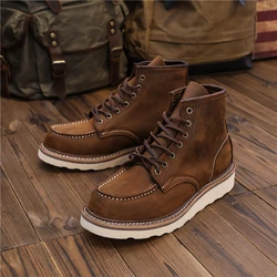 1907 Vintage Unisex Men Shoes Ankle Boots Handmade Autumn Winter Cow Leather Shoes Wings Round Toe Tooling Motorcycle Boots