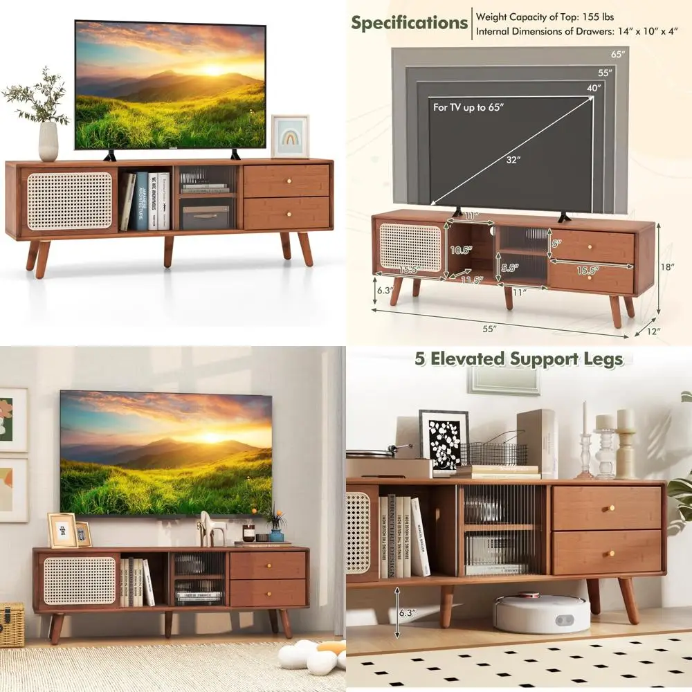 

Mid Century Modern Bamboo TV Stand with Glass and Rattan Sliding Doors, Entertainment Center for TVs up to 65, featuring 2 Drawe