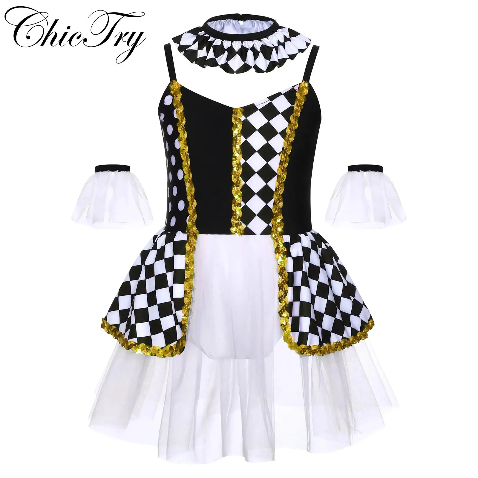 

Kids Girls Clown Cosplay Costume Sequins Ballet Spaghetti Strap Leotard Tutu Dress with Collar and Oversleeves Party Dress Up