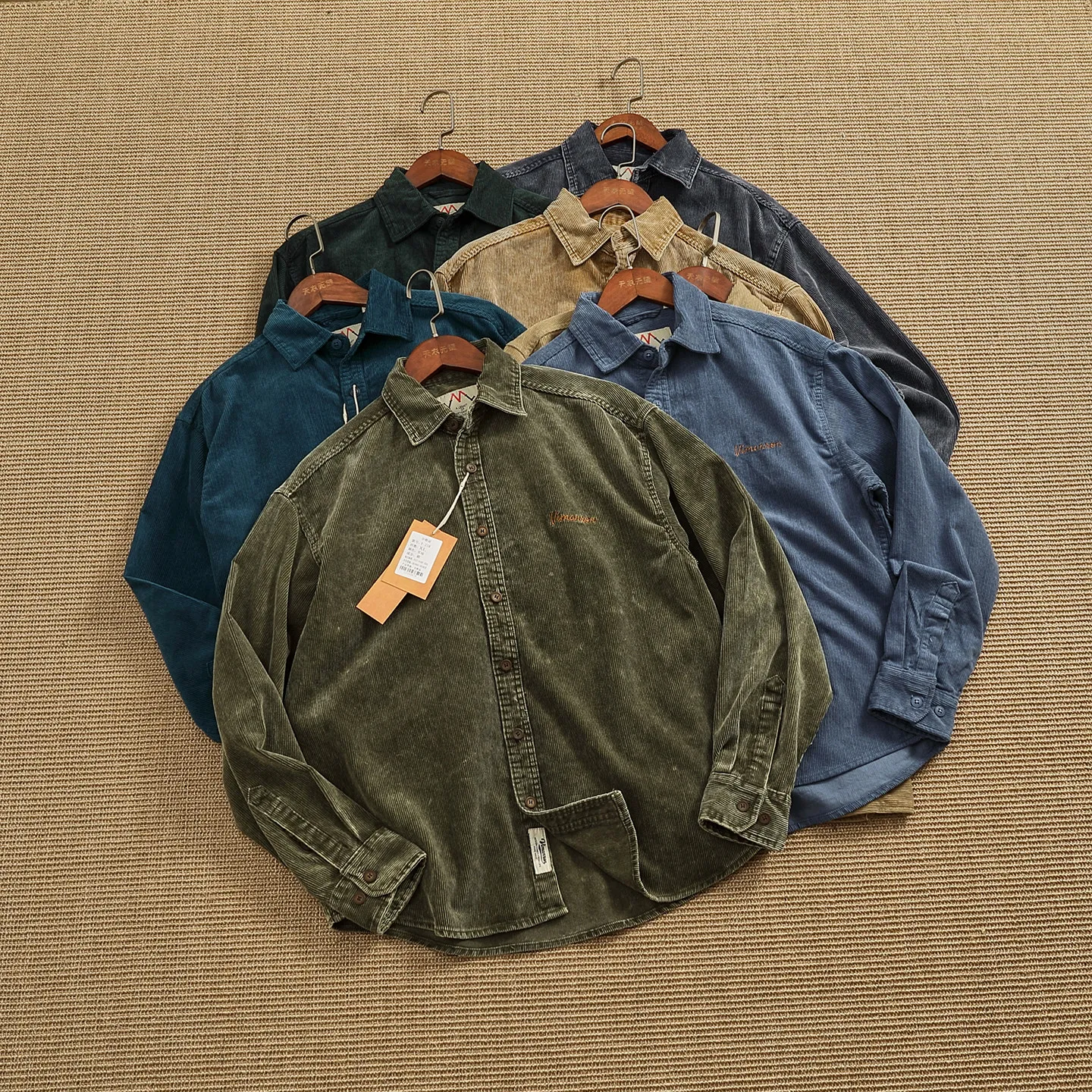 

100% cotton retro embroidered letter pattern distressed corduroy shirt men's loose long-sleeved autumn casual work shirt jacket