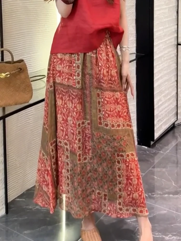 

Красная элитная юбка трапециевидной формы в стиле ретро с принтом, женская летняя утягивающая юбка трапециевидной формы, корейская юбка большого размера