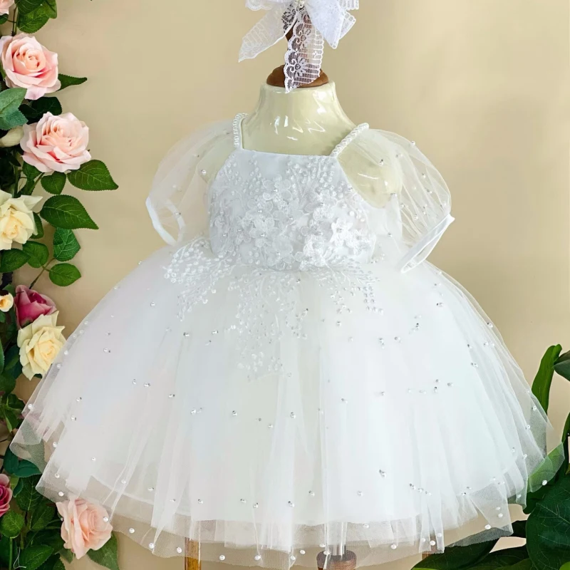 Dusty Pink Flower Girl Dresses Tulle Appliques Pearl Skirt With Bow Short Sleeve For Wedding Birthday Party First Communion Gown