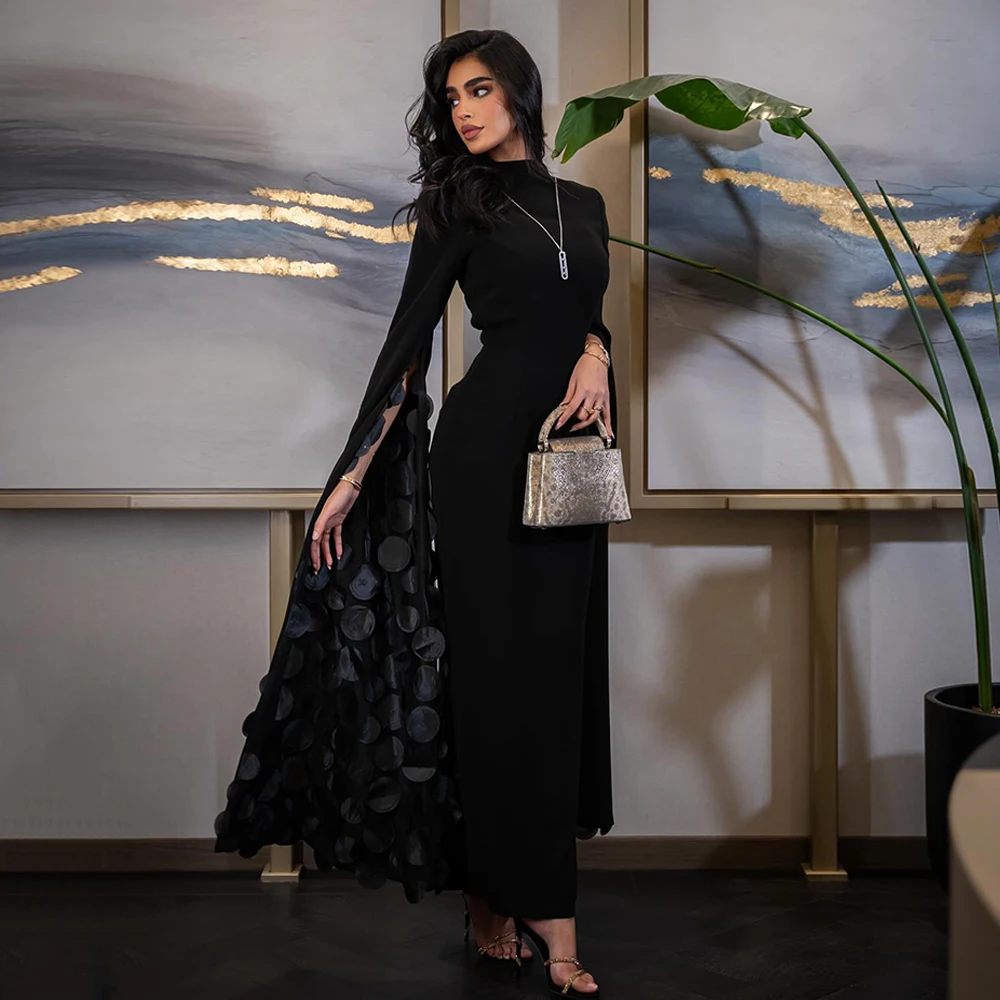 Customized Saudi Evening Dress 2025 High Neck Long Sleeve Simple Ankle Length Sheath Black Prom Dresses Formal Occasion Gown