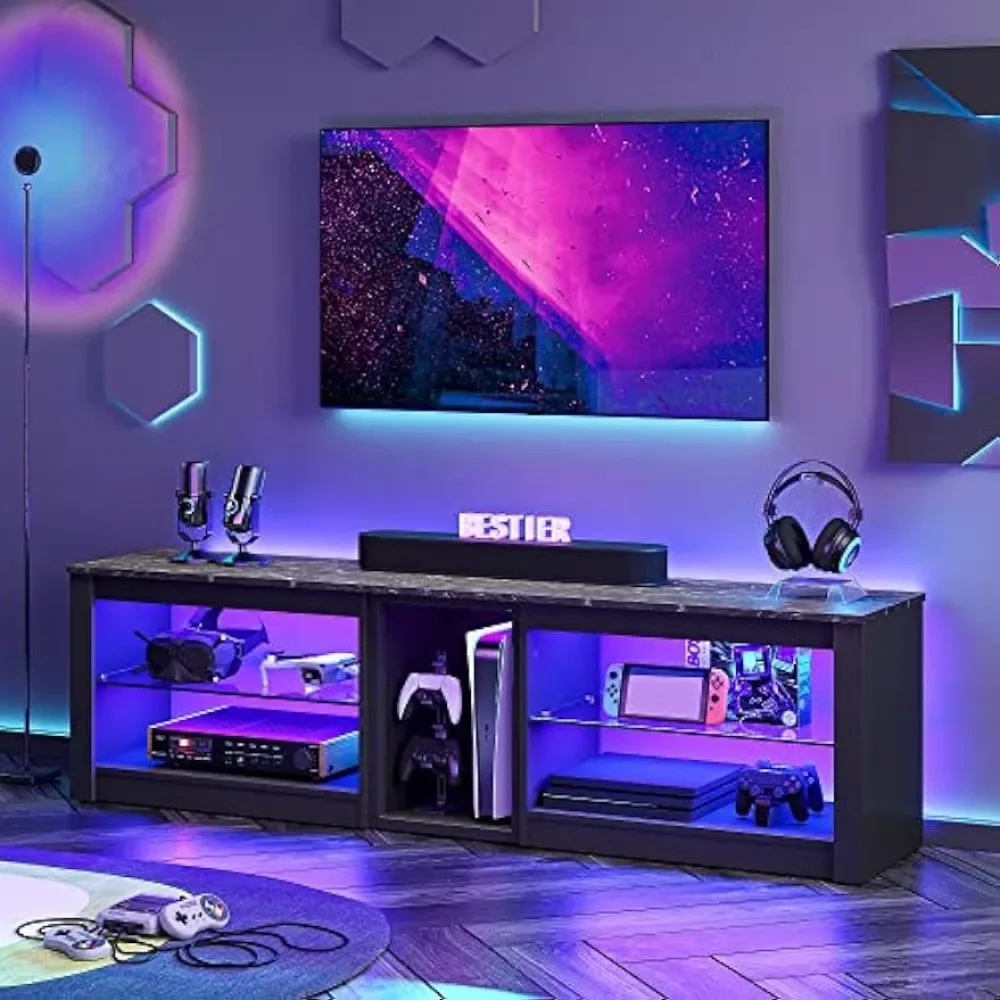 

TV Stand for 70 inch TV, Gaming Entertainment Center for PS5, LED TV Cabinet with Glass Shelves for Living Room, 63'' Inch