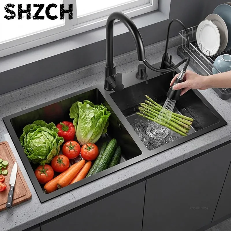 German Black Stainless Steel Double Bowl Kitchen Sink Large Capacity Creative Design Bar Countertop Household Balcony Install