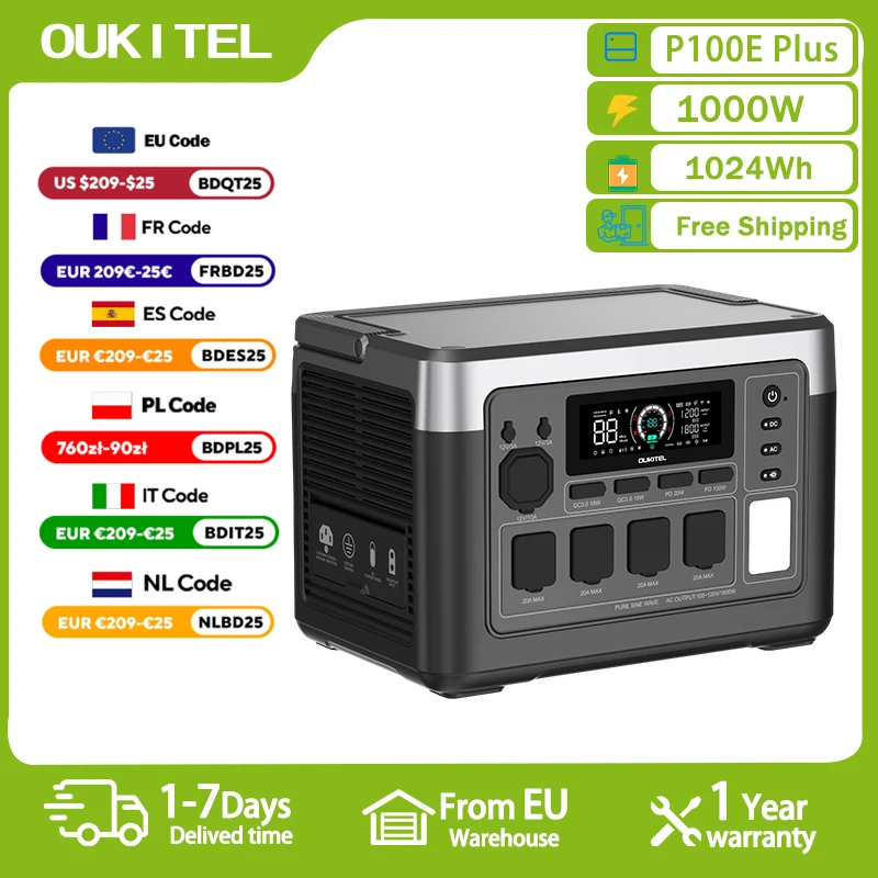 OUKITEL P1000 PLUS centrale électrique Portable 1800W générateur solaire 1024Wh Lifepo4 batterie de secours à domicile Camping en plein air puissance Mobile