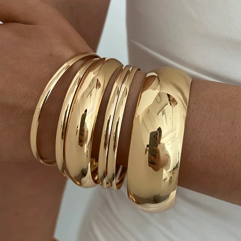 6-teiliges Punk-Hip-Hop-Set mit breiten Stapelarmbändern für Frauen, Vintage-Geometrie, klobige Metallarmbänder, Alltagsschmuck, Geschenke, neu – Detail 2