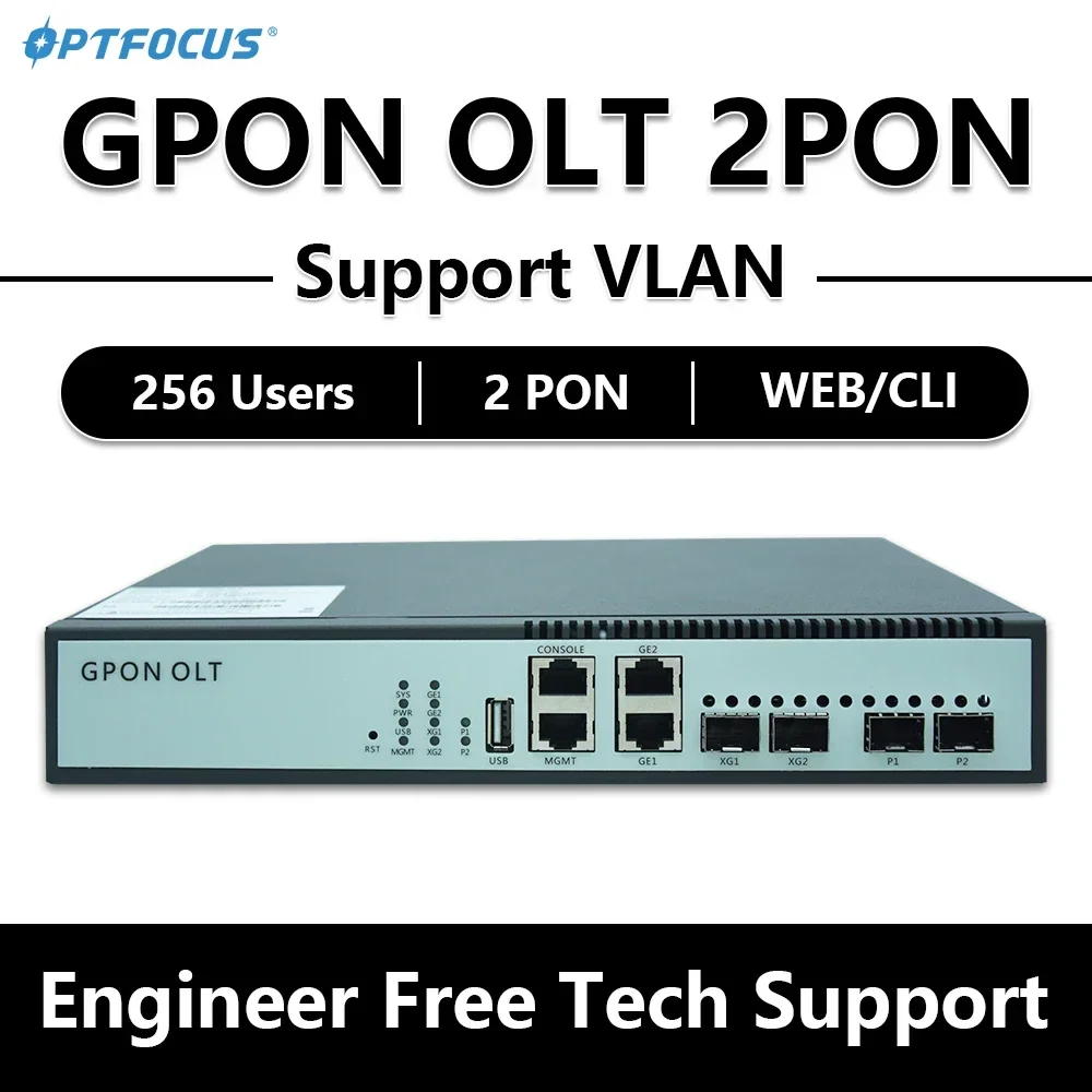 OPTFOCUS GPON OLT 2PON 256 ONU 10G Uplink C++ GBIC SFP 100 240 В переменного тока 12 В постоянного тока Мощность MINI GPON OLT 2 порта