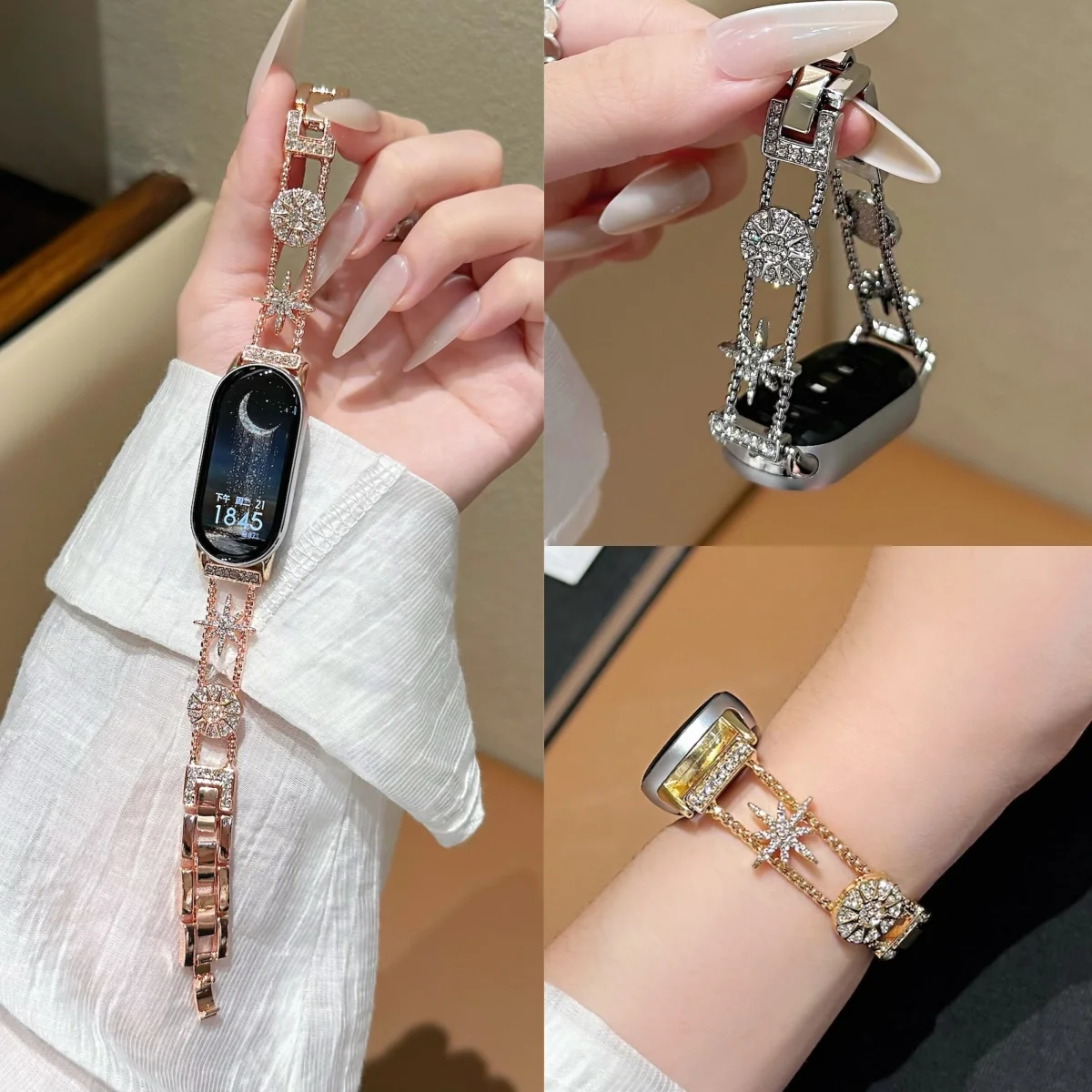Pulseira de Metal com Strass Octogonal Brilhante para Xiaomi Band 8 9 10 Pro Redmi Watch 4 5 6, Acessório Elegante para Relógio Feminino
