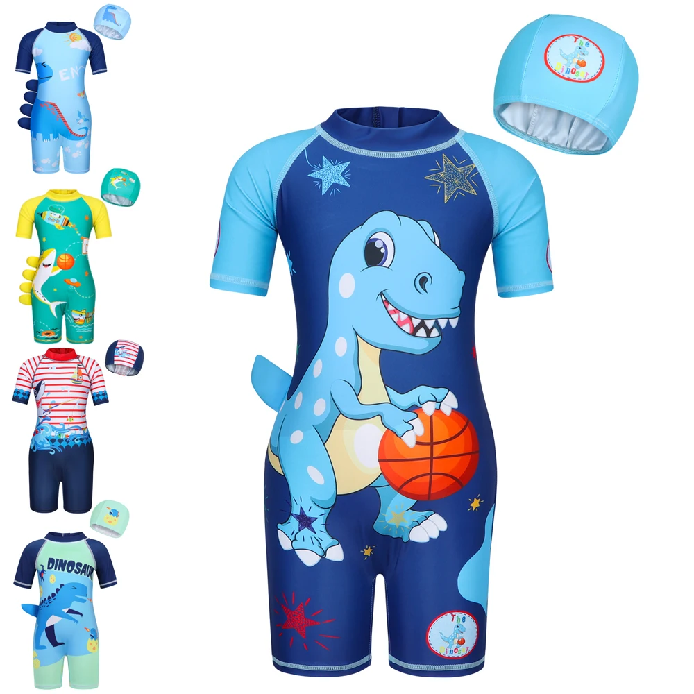 Jurebecia Boys One Piece Swimwear Short Sleeves Swimsuit Rash Guard Cartoon UPF 50+ Sun Protection Bathing Suit Cap