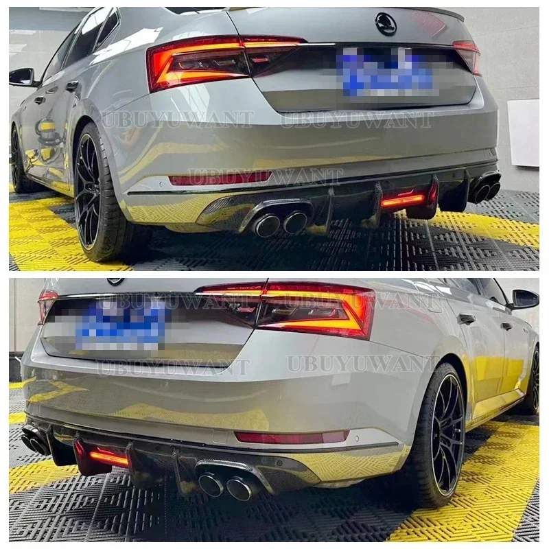 Carbon Fiber Rear Lip With LED Light FOR Skoda Superb 2015- 2023 Fins Shark Style Diffuser Bumper Guar