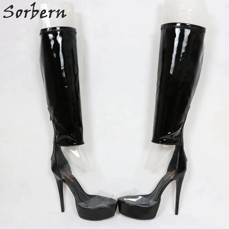 Sorbern Sexy Open Toe Clear Pvc Women Boots Knee High Summer Style Shiny Black Boots High Heels Custom Colors Designer Boots