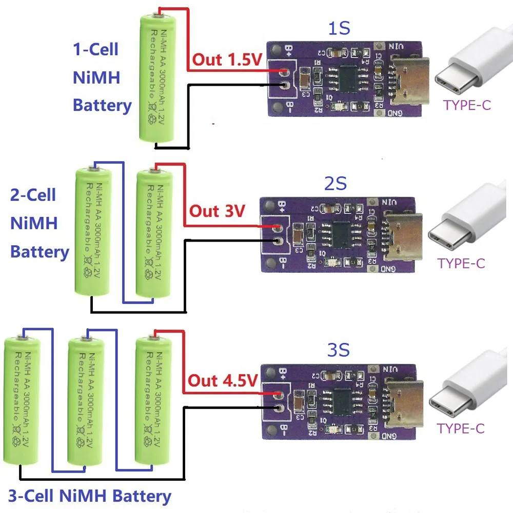 TYPE-C moduł do ponownego ładowania z ładowarką 1S 2S 3S ni-mh 1.5V 3V 4.5V dla moduł konwertera 1.2V 2.4V 3.6V CC/CV DC-DC